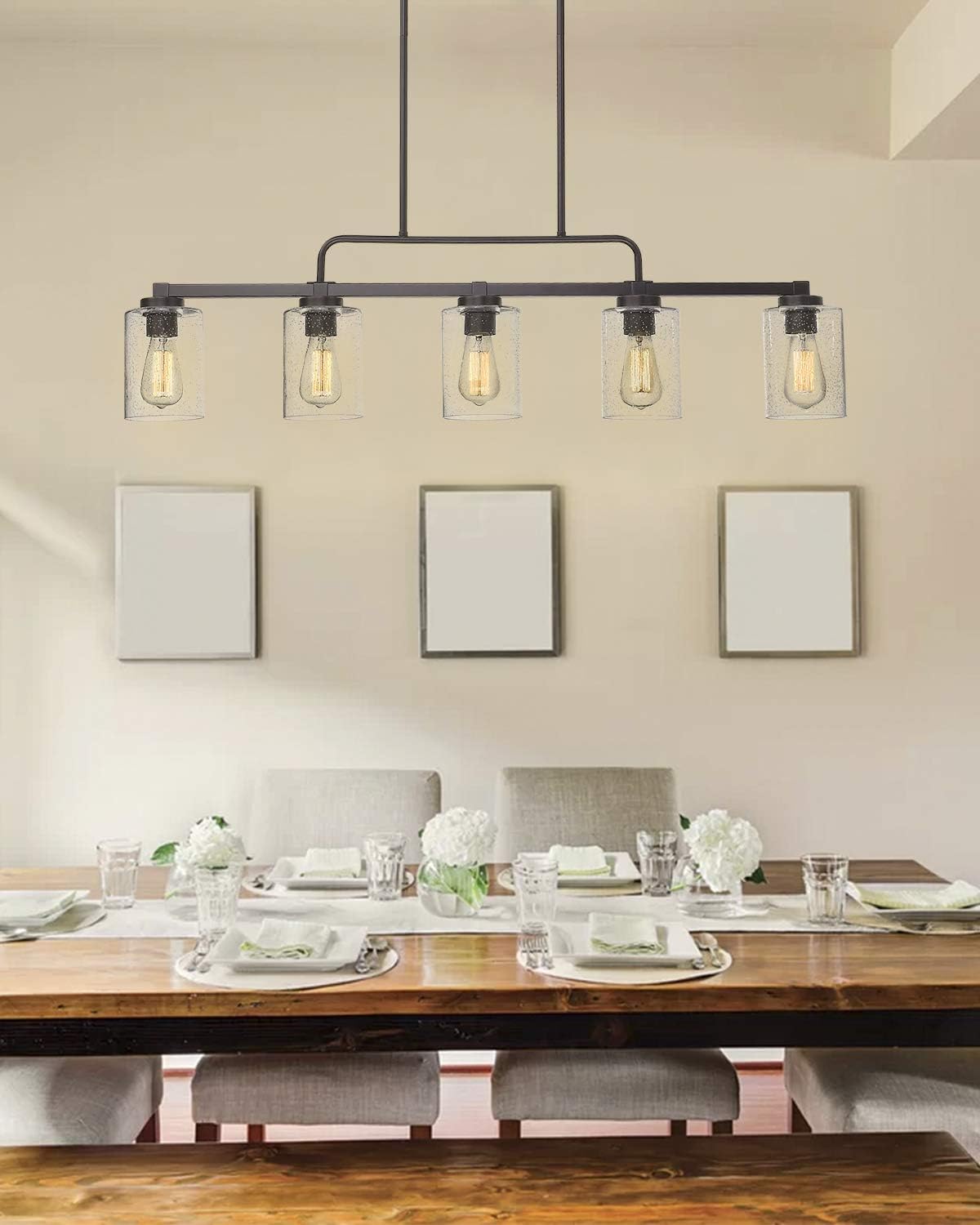 Beionxii 5-Light Kitchen Island Light, 42" Farmhouse Linear Lighting Chandelier for Dining Room Pool Table Pendant Light, Oil Rubbed Bronze with Clear Seeded Glass - - 