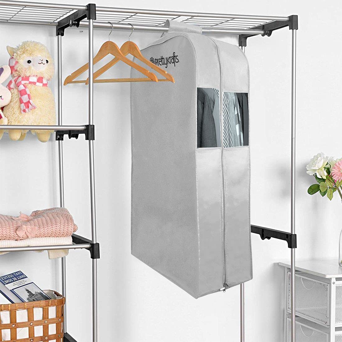 PrettyKrafts Hanging Garment Bags for Storage β Suit Bag, Dress Shirt, Coat and Dress Cover with Window & Zipper, (Set of 2) Grey 3