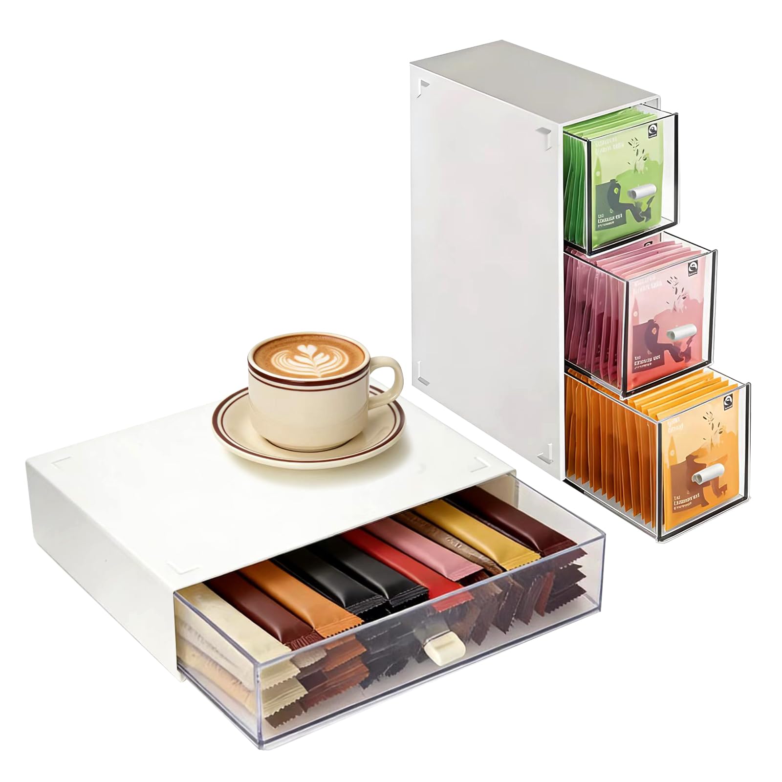 2 cajas de almacenamiento para bolsas de té, cajas de té de plástico para bolsas de té, cajones apilables, organizadores de cocina, cajas de bolsas de té para café, azúcar, especias