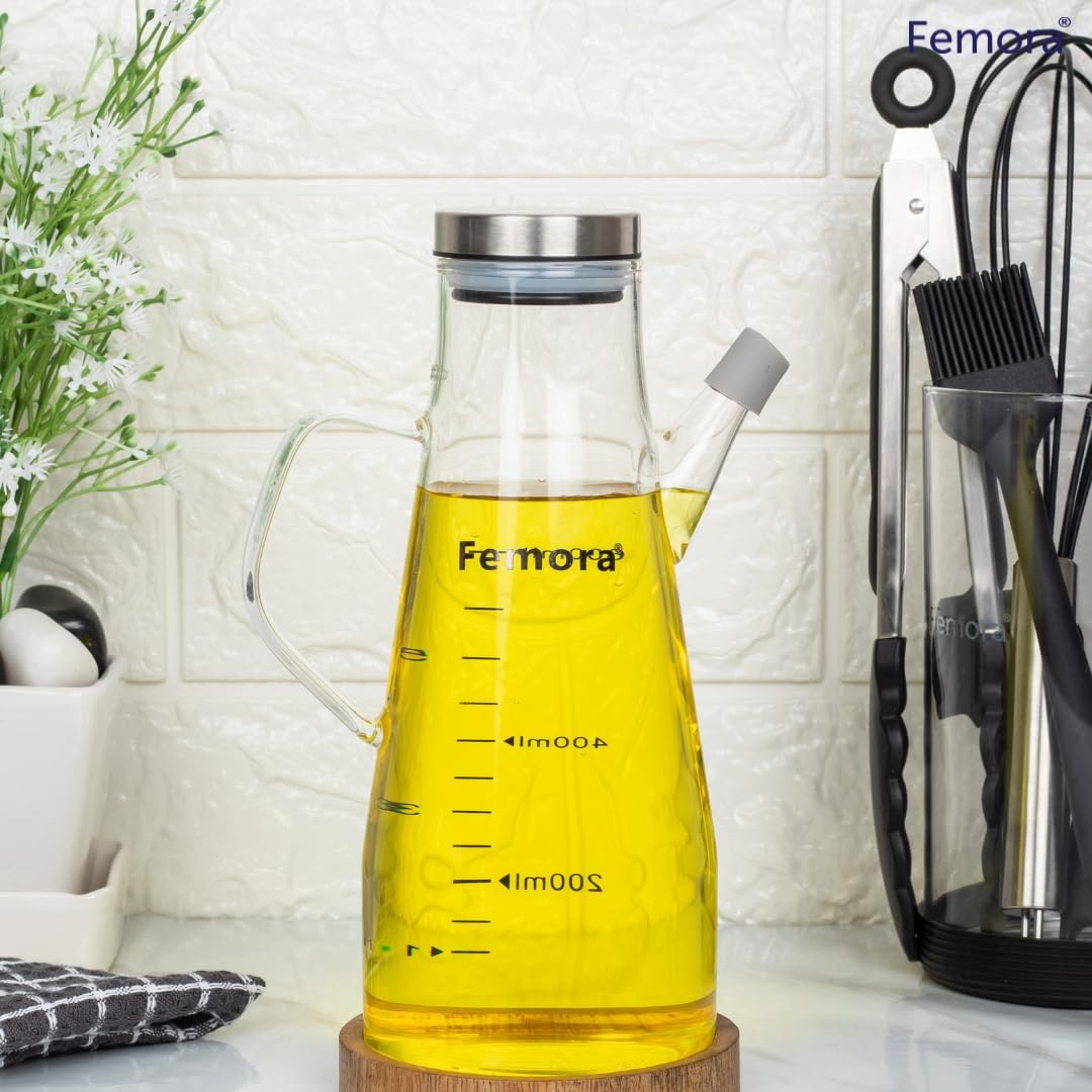 Femora Borosilicate Glass Oil Dispenser 650ml | BPA Free | Drip-Free Pour Spout | Capacity Markings | Light Protective | Non-Slip Silicone Base | 1 Year Warranty | For Oil, Vinegar, Soy Sauce 4