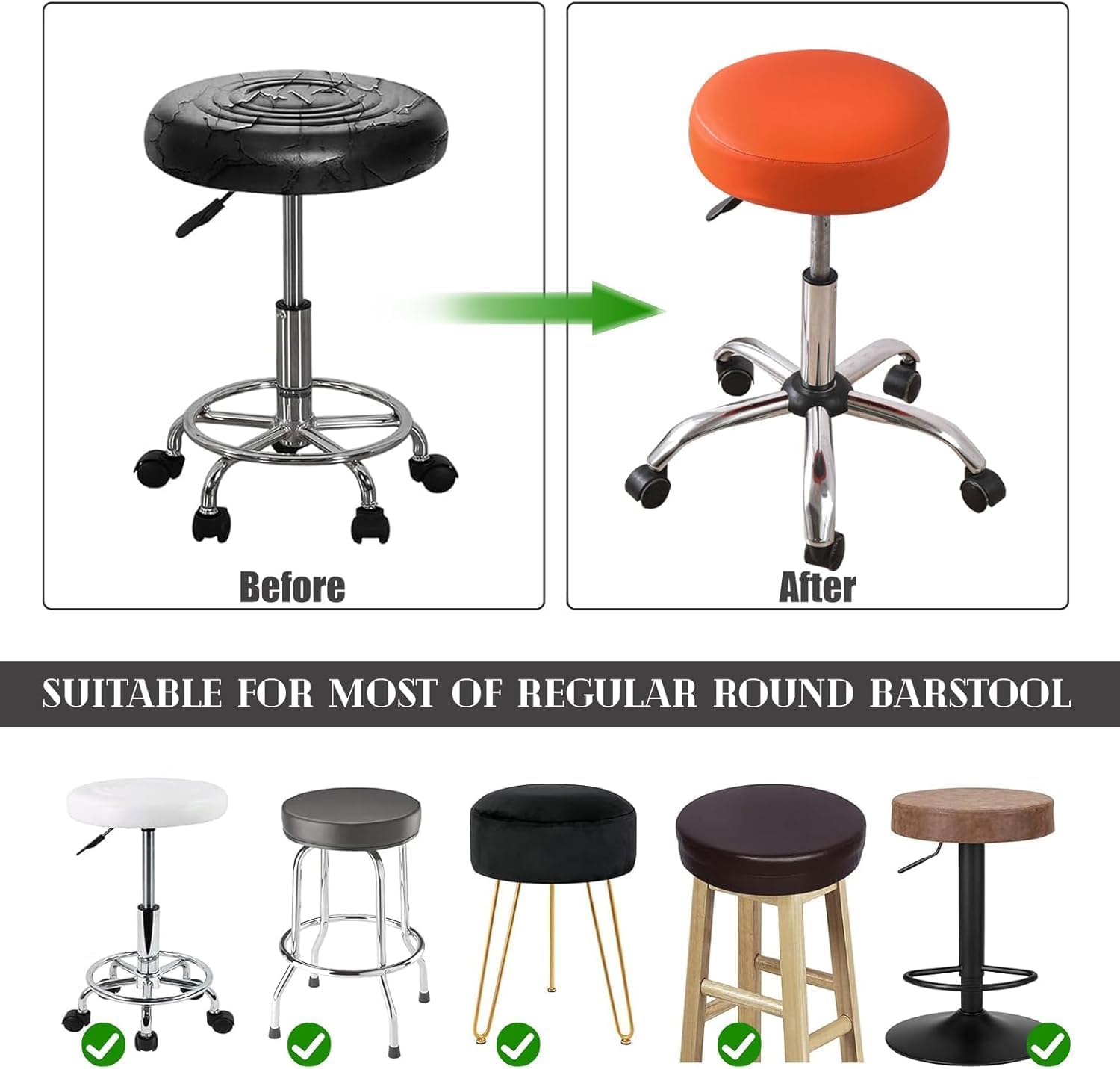 Leather Round Bar Stool Seat Covers, Waterproof PU Stretch Round Barstool Seat Covers Cushion with Elastic Bands for Bar Swivel Chair, 12 to 15 Inches Dark Orange 4pcs