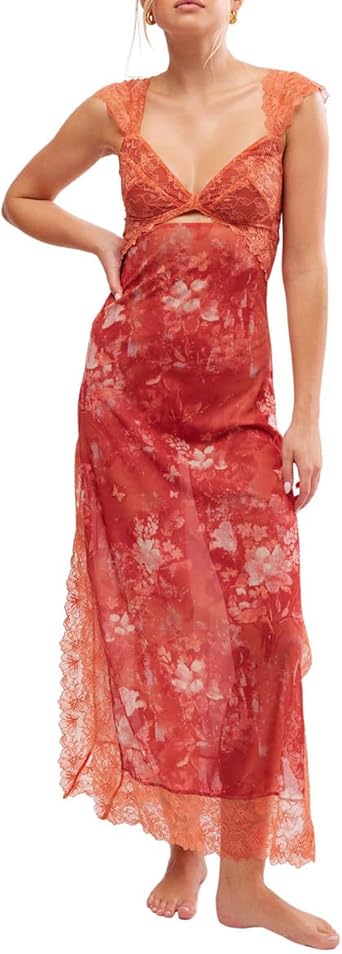 HOXIJIA Women Sleeveless Maxi Dress Backless Bodycon Floral Printed Spaghetti Strap Long Dress Sheer Mesh Summer One-Piece