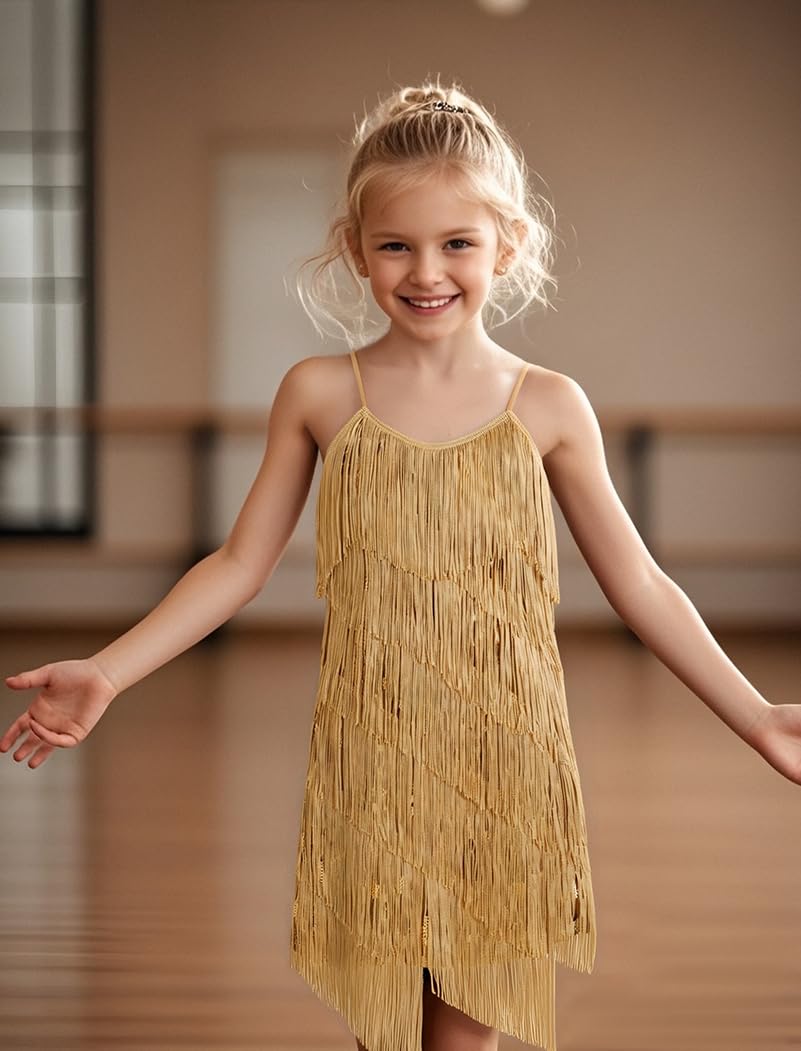 OMEWEE Vestito da bambina con paillettes nappa, abito latino, senza maniche, con spalline sottili, frange, con brillantini, ballroom, feste, balletto, rumba samba cha cha, jazz