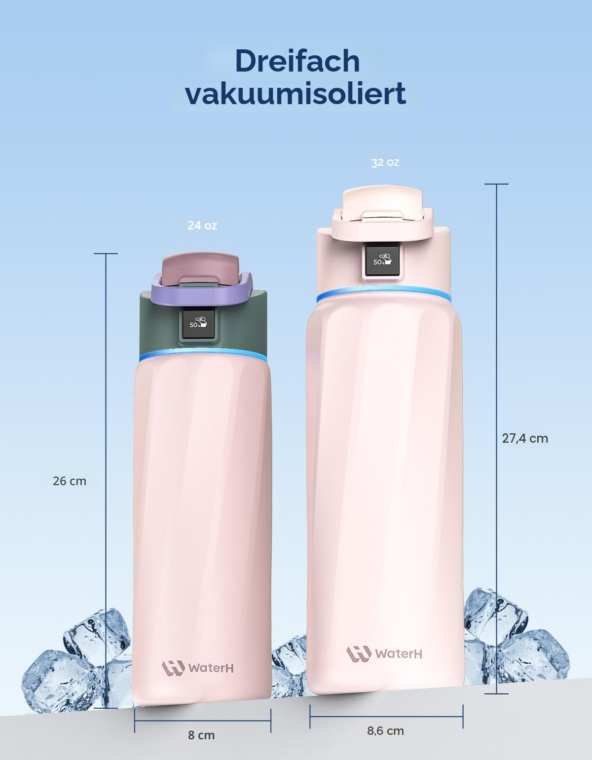 WATERH Boost Smart-Wasserflasche mit Erinnerung, Wasser zu trinken, 710 ml, BPA-freie Edelstahl-Vakuum-isolierte Wasserflasche