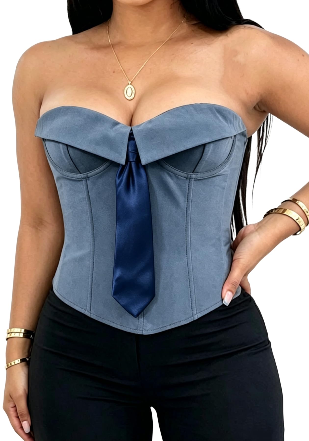 vaceky Overbust Corset Top Women Bow Tie Strapless Lapel Boned Bustiers-picture-13