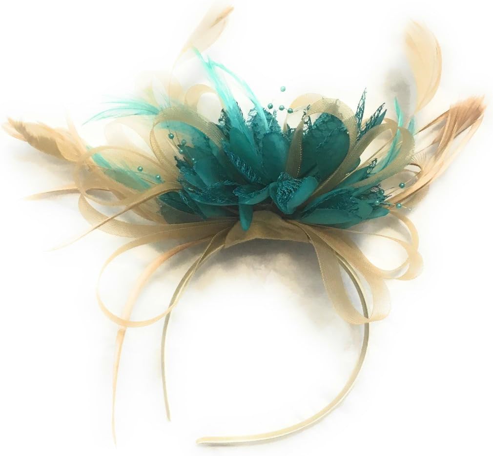 Champagne Gold Beige Camel and Turquoise Green Fascinator on Headband Alice Band UK Wedding Ascot Races Derby