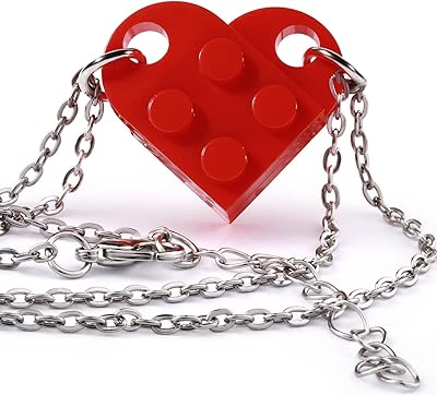 Brick Matching Heart Couples Necklace for Boyfriend Girlfriend Friendship Valentines Day Stuff Him Friends, Pendant Jewelry Set Compatible with Lego Gifts