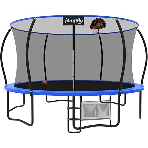 Jumpfly Tranpoline Outdoor Tranpoline for Kid with Basketball Hoop 8/10/12/14FT Recreational Tranpoline with Enclosure Net Dual-color Pad Quick Easy Assembly ASTM Certified Big Tranpoline for Backyard