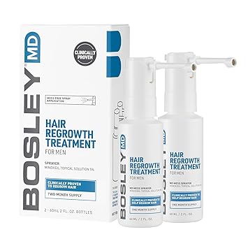 BosleyMD 5% Minoxidil Spray, Extra Strength Thinning Treatment/Hairspray for Hair Loss and Hair Regrowth for Men, Topical Solution, No Mess Sprayer, 2-Pack, 2-month Supply