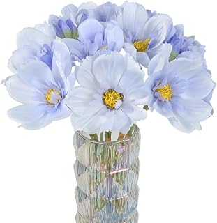 INSUNX 5 Bouquet Cosmos Artificial Flowers Light Blue Fake Daisy Flowers 15Pcs Faux Wildflowers Silk Flowers for Wedding Garden Home Party Table Centerpieces Cake Decor (Light Blue)