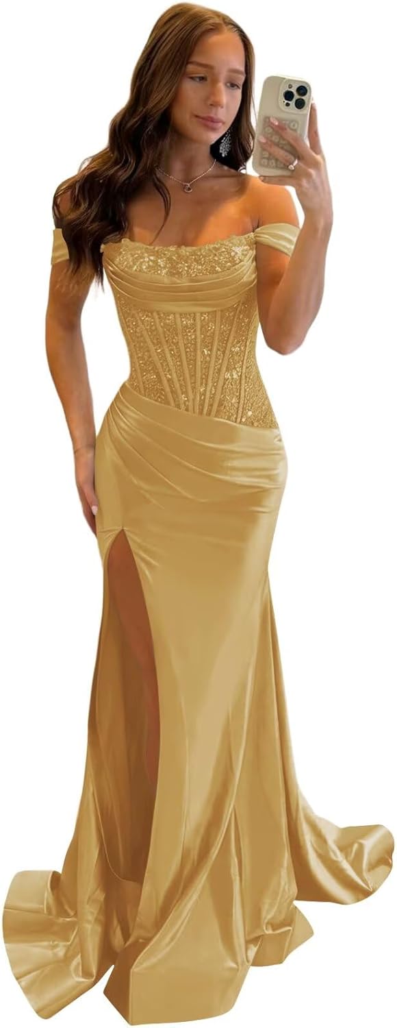 Sequin Mermaid Prom Dresses Corset Off Shoulder Satin Lace Applique Long Formal Evening Gown with Slit