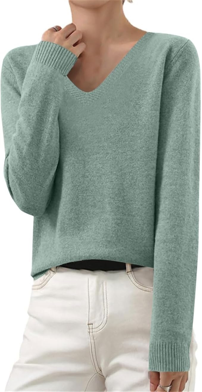 OIOLOYJM Fall Cashmere Sweaters for Women 2025 V Neck Long Sleeve Tops Lightweight Knitted Pullovers Merino Wool Sweater