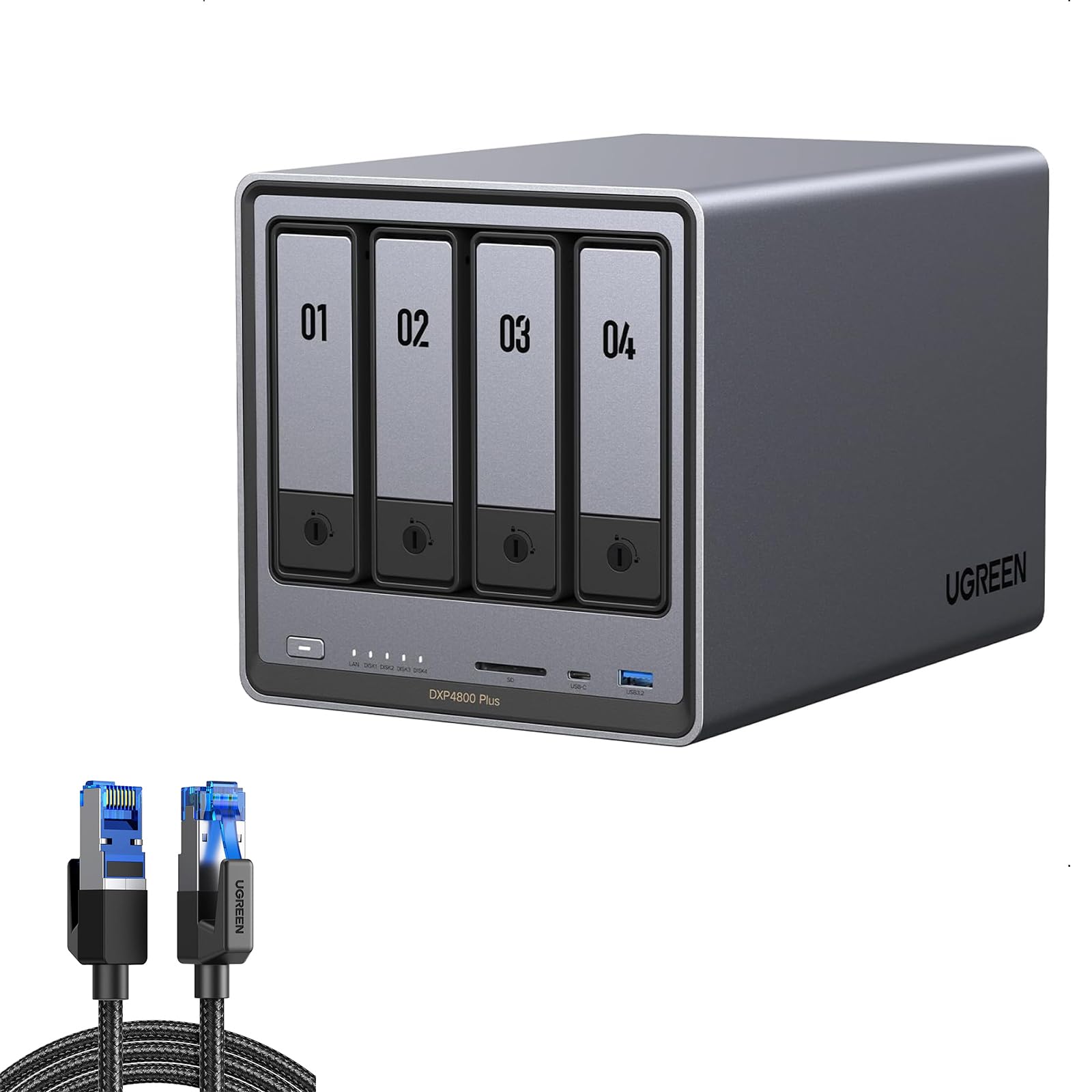 UGREEN NAS DXP4800 Plus 4-Bay Desktop NAS Massive Storage Capacity Up to 136TB Bundle 3 FT High Speed Braided 40Gbps 2000Mhz Network Cord Cat8 RJ45 Shielded Indoor Heavy Duty LAN Cables