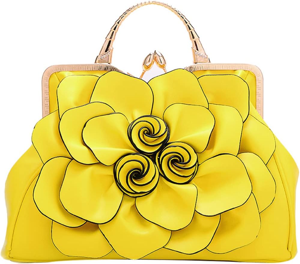 ZiMing Women's Genuine Leather 3D Floral Tote Bag - Top Handle, Kiss Lock Closure, Detachable Strap