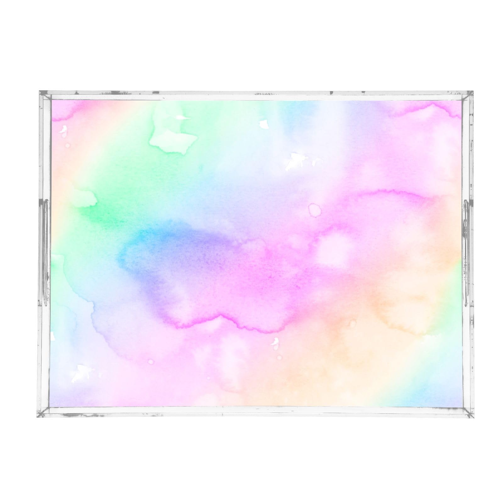 Bandejas acrílicas transparentes de acrílico para servir con asas, bandeja de desayuno de 12 x 16 pulgadas, bandeja de desayuno transparente colorida con patrón de papel de acuarela a prueba de
