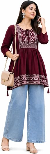 X treece Women's Embroidered Anarkali Short Kurta | Regular Fit Rayon Umbrella Kurti for Women | 3/4 Sleeve Round Neck Cas...