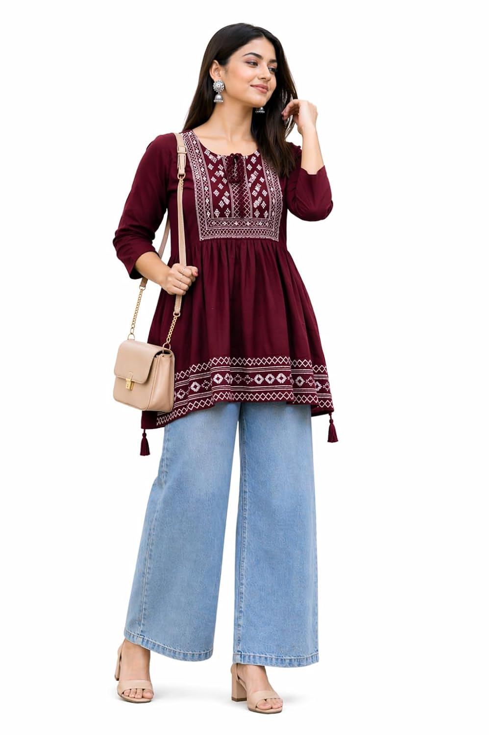 X treece Women's Embroidered Anarkali Short Kurta | Regular Fit Rayon Umbrella Kurti for Women | 3/4 Sleeve Round Neck Cas