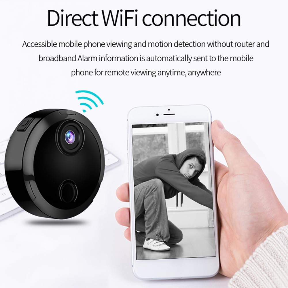 Andoer Mini Camera with WiFi signal icon and a smartphone displaying live video feed.