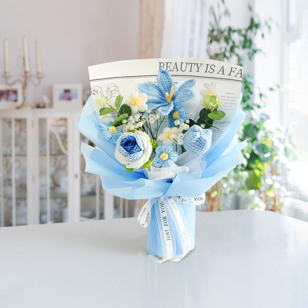 Crochet Flower Bouquet Tulip Rose: Completed Crochet Tulip Flowers for Mother's Day Birthday Home Decor (Blue) - Image 5