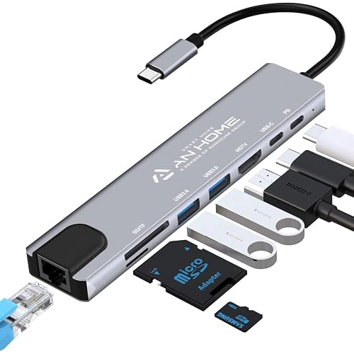 AnHome USB C Hub Ethernet HDMI 4K Adapter, 8-in-1 Multiport Dock USB-C to RJ45 Ethernet USB 3.0 SD/TF Card Reader 87W PD Charging Port Dongle Compatible with MacBook Pro/Air and Type C Windows Laptop