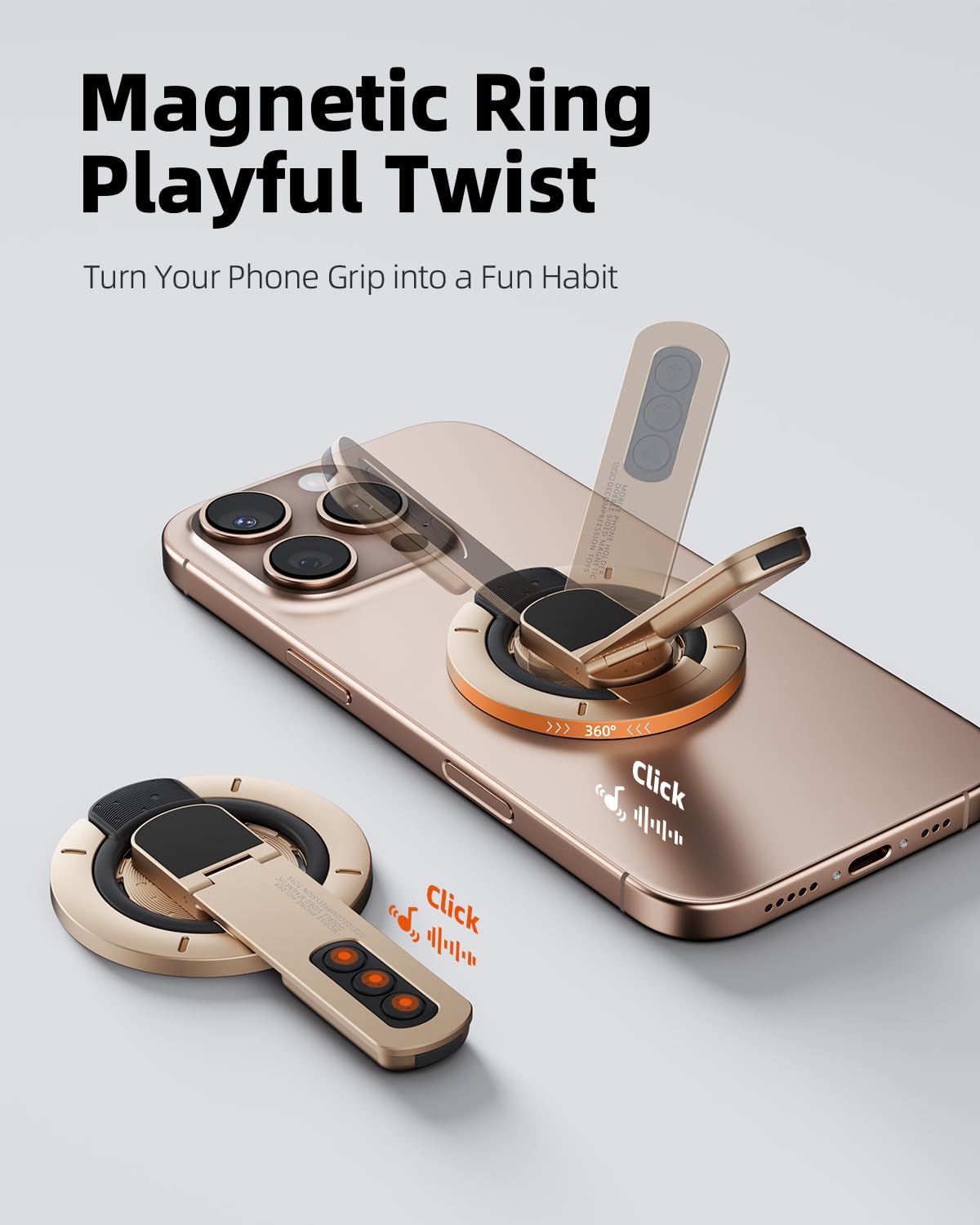 TODI for MagSafe Phone Grip Stand, 3-in-1 Magnetic Finger Ring Holder with Double-Sided Magnet, Fidget Toy Design, Magnetic Phone Stand for iPhone 16/15/14/13/12 Series (Gold) - Image 2