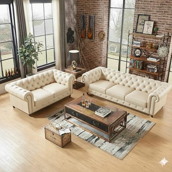 Image of A to Z Furniture Classic 3+2=5 Seater Sofa Set Luxury Chesterfield Leatherette Sofa in for Home Living Room & Office (3+2=5 Seater Sofa Beige)