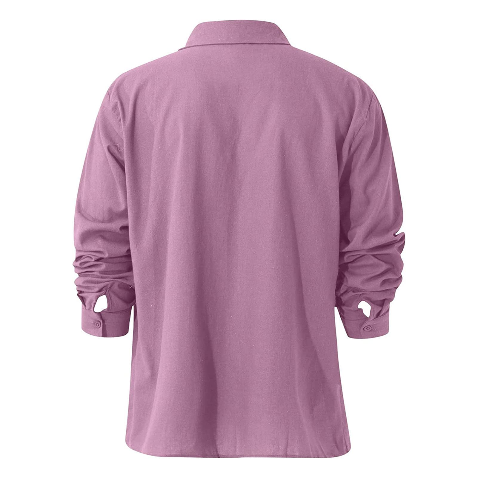 Men's Linen Button Down Shirts Casual Long Sleeve Summer Beach Shirt Tops Lightweight Solid Color Loose Fit Shirt (Pink,Large)