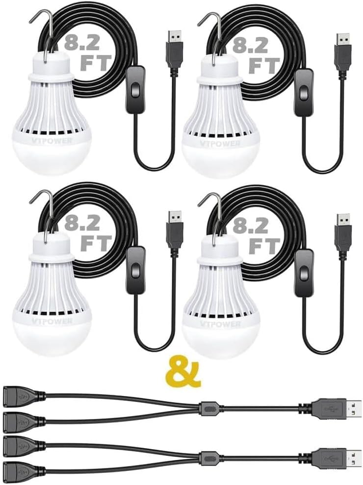 Paquete de 4 linternas LED USB para campamento, 8.2 pies de longitud extra con cable USB Y, bombilla LED portátil para garaje, almacén, automóvil,