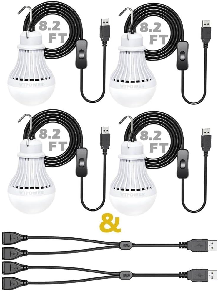 4 Pack USB LED Camping Lantern, 8.2 ft Extra Length Cord Tent Light with USB Y-Cable, Portable LED Bulb for Garage, Warehouse, Car, Truck, Fishing Boat, Room Emergency Light, White
