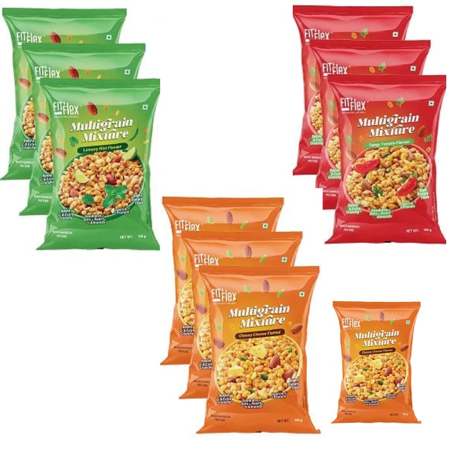 Image of Fit & Flex Baked Multigrain Lemony Mint, Tangy Tomato & Cheesy Cheese Namkeen Mixture - Healthy Snacks With Zero Cholesterol - As Seen on Shark Tank India - Tasty Party Snacks - 100 g (Pack of 9)