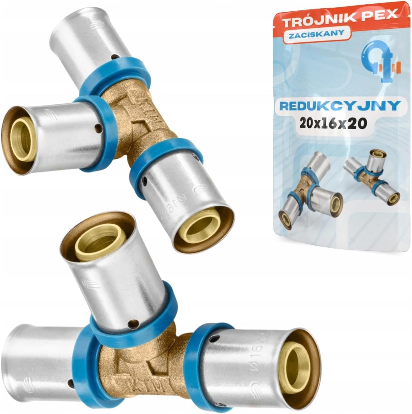 Rimex Złączka zaciskowa PEX trójnik, 20 x 16 x 20 mm, reduktor złączki ciśnieniowej, wody pitnej i ogrzewania, kontur U, mosiądz, tuleja ze stali nierdzewnej, sprawdzona przez DVGW