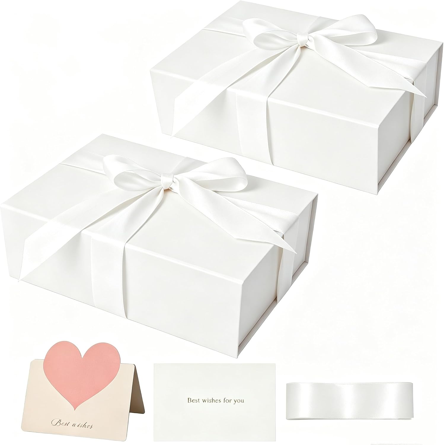 2PCs White Gift Box 11’’x7.2”x3.5”, Glossy Magnetic Gift Box with Lid for Present Contains 1-1/2’’ Widened Ribbon, Liner Paper, Card for Christmas, Valentine's Day, Wedding, Birthday
