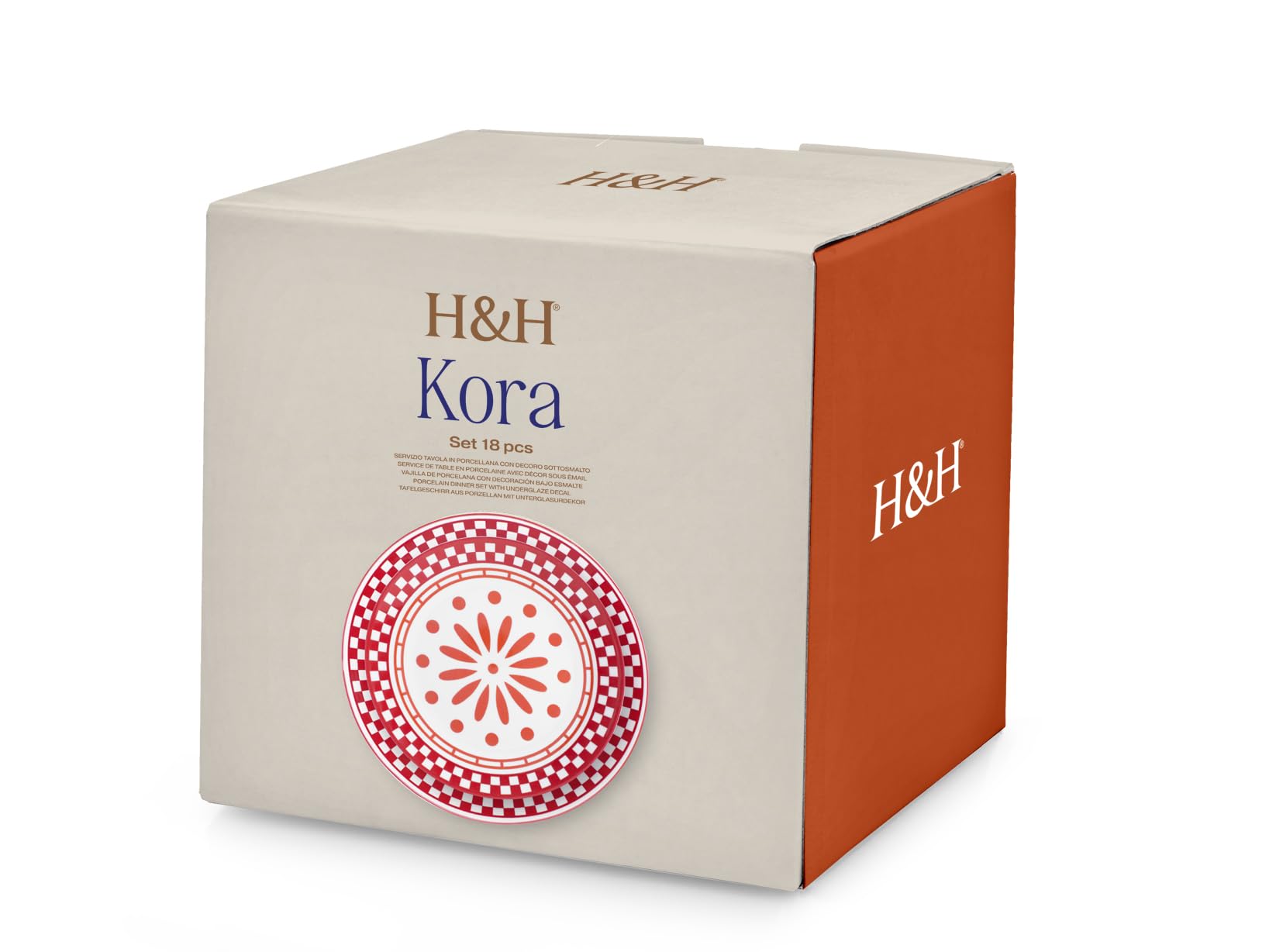 H&H Servizio Tavola Kora 18 Pezzi in Porcellana Decorata - Piatti Piani, Fondi e Frutta con Decorazioni Rosse e Arancioni - Adatto Lavastoviglie e Microonde, Idea Regalo Perfetta