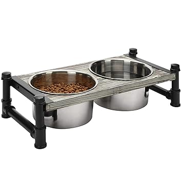 MyGift Rustic Torched Wood and Metal Pipe Raised Dog Food Bowls for Small Dogs, Elevated Pet Feeder Station with 2 Stainless Steel Food Bowls