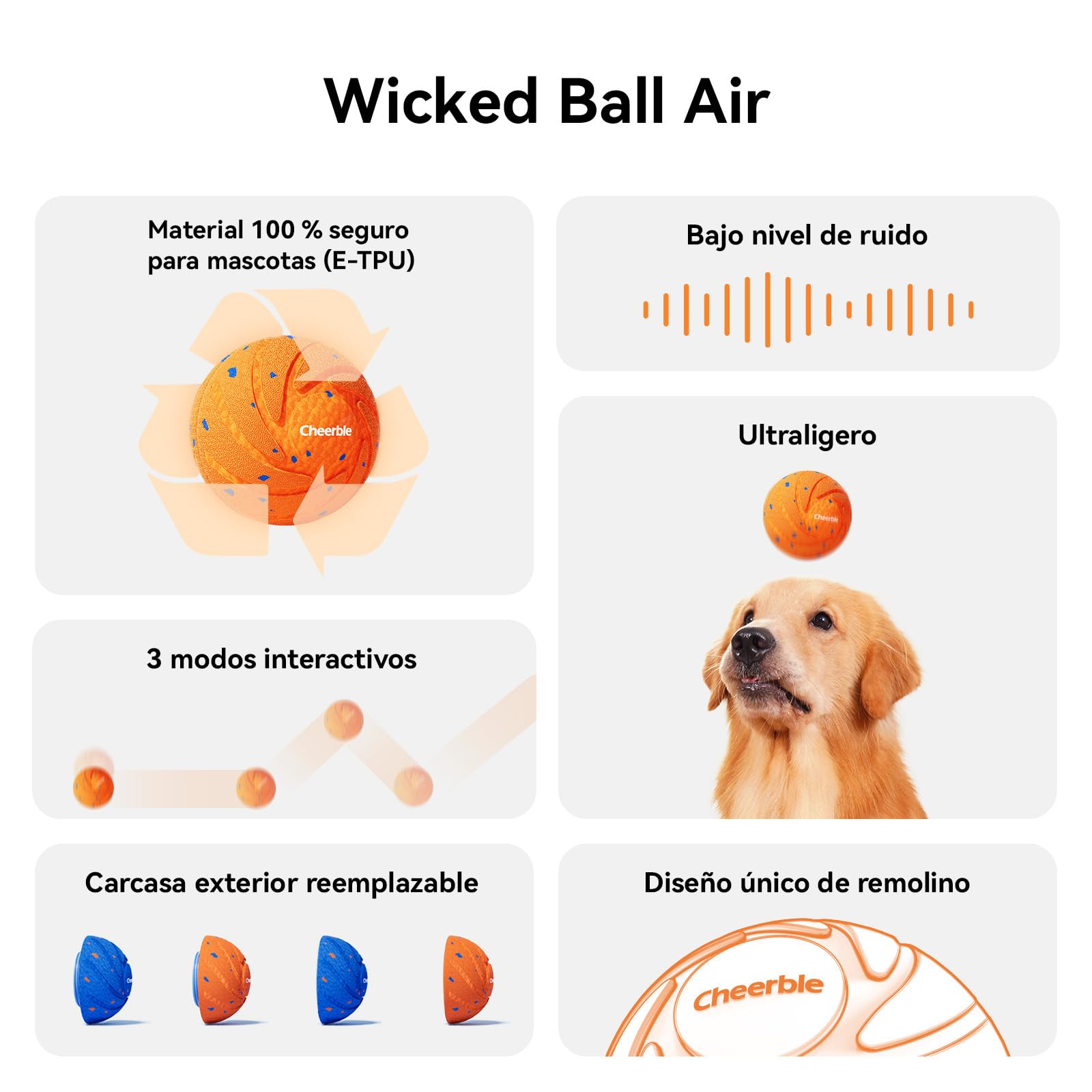 Cheerble Wicked Ball Air - Pelota Interactiva Perro, Automática Juegos para Perros, Juguete Inteligente con 3 Modos Recargable, Regalo de Cumpleaños para Perros Medianos y Grandes - Naranja