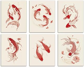 DOODLREAM 6 Pack Red Koi Fish Unframed Waterproof Canvas Wall Art Decor, 8" x 10" Oriental Lucky Carp Animal Canvas Wall Poster for Living Room Bathroom Home Office Decor