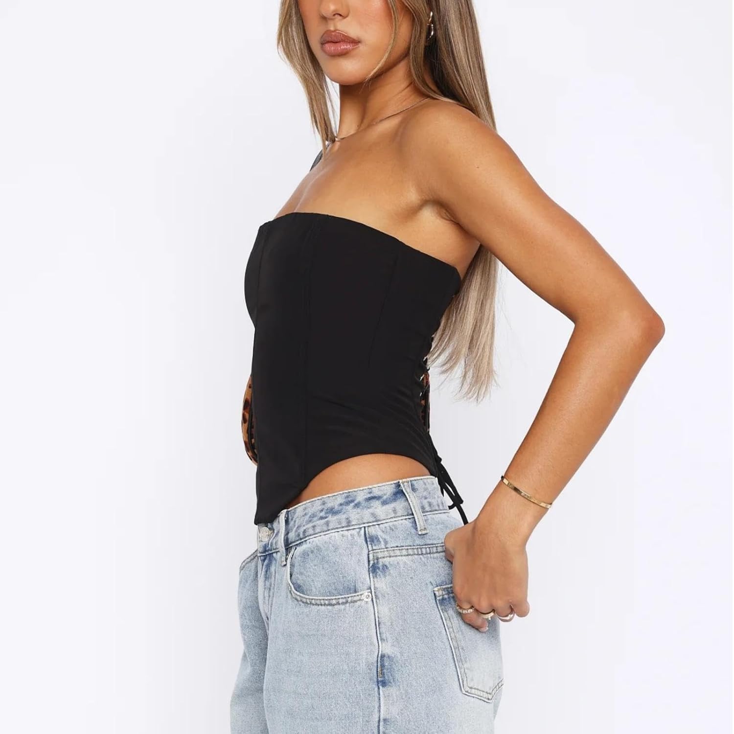 Women Y2K Corset Top Strapless Tie Back Tube Top Solid Color Boned Overbust Crop Top Vintage Clubwear - Image 5