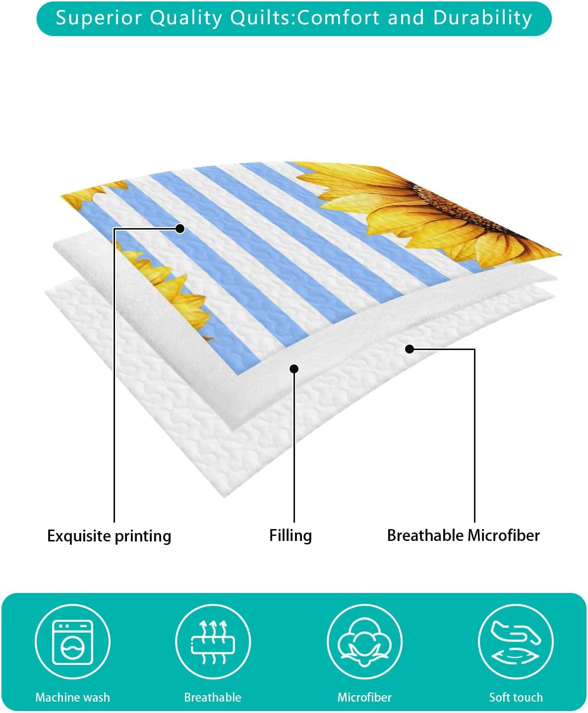 King Size Quilt Set, Farm Watercolor Sunflower Lightweight Bedspread Coverlet Set Soft Microfiber Summer Quilt with 2 Pillow Shams, Blue Stripe 3 Piece Comforter Bedding Set