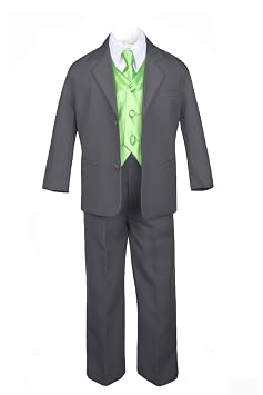7pc Formal Boys Dark Gray Suits Extra Lime Green Vest Necktie Set S-20 16