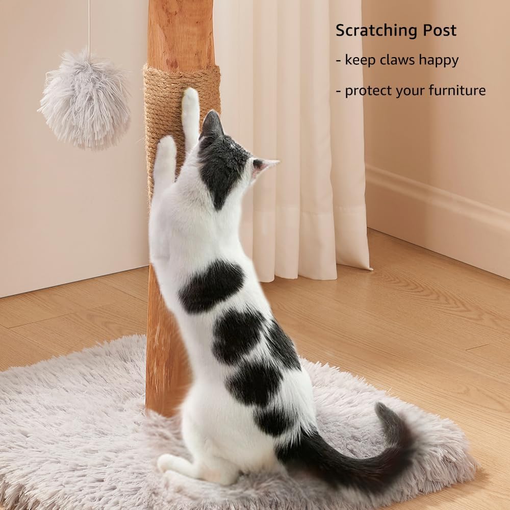 beeNbkks Real Wood Cat Tree, Modern Cat Tower for Indoor Use, Solid Branch Kitten Tree Tower with Sisal Scratching Post and Perch Hammock Bed, Luxury Fluffy Feline Furniture for Multiple Kittens