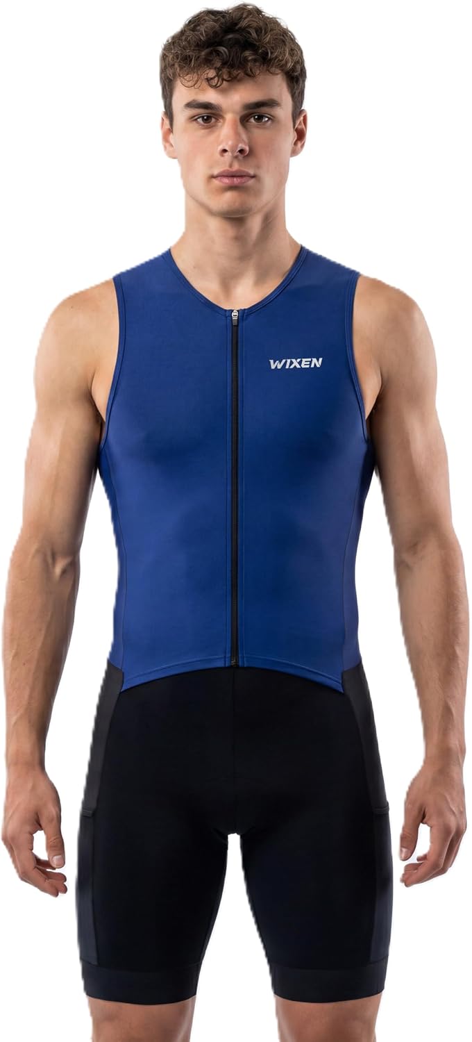 WIXEN Men’s Classic Triathlon Suit, Padded Racesuit Quick-Dry Sleeveless Tri Suit Swim Bike Run, Breathable Aero Skinsuit Black/Blue