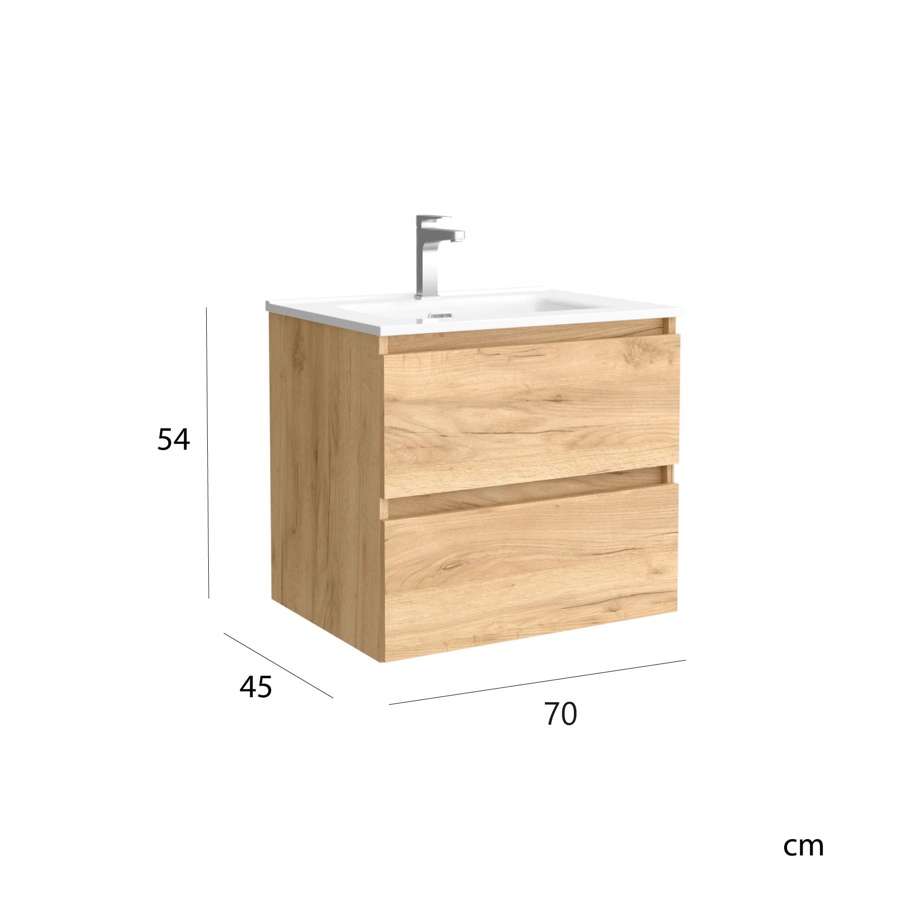 Mueble de baño Bequia 70 cm con Lavabo 100% montado de fábrica | Acabado Roble suspendido 2 cajones Cierre amortiguado Apertura con uñero | Lavabo Porcelana Blanca | Salgar