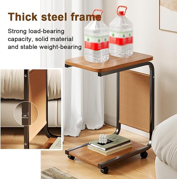 LEIYTFE Narrow Couch Side Table C Shape End Table Bedside Table On Wheels,2 Layer Storage Shelves Over-Bed Table Nightstand Bedroom,Rolling Laptop Table(Black)