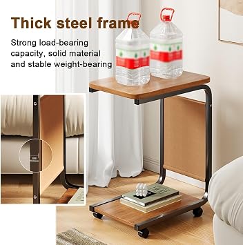 LEIYTFE Narrow Couch Side Table C Shape End Table Bedside Table On Wheels,2 Layer Storage Shelves Over-Bed Table Nightstand Bedroom,Rolling Laptop Table(Black)