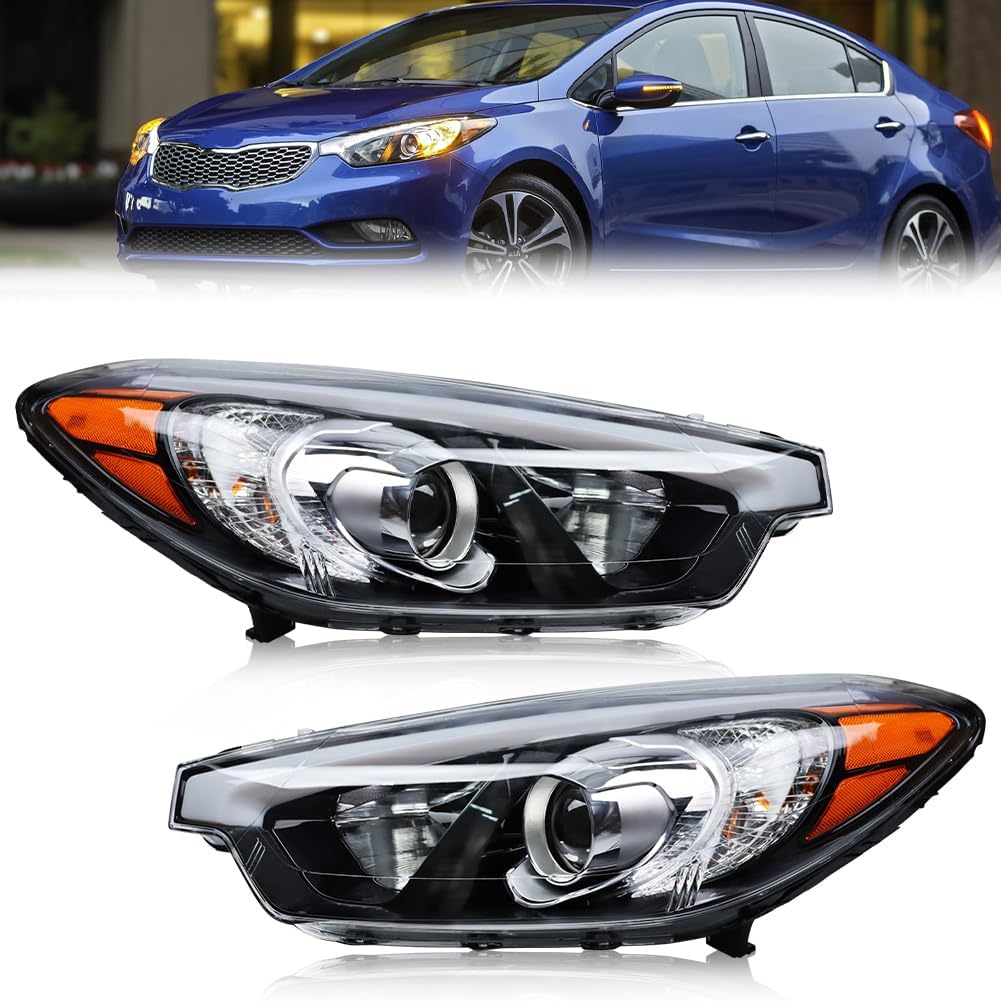 Headlight Assembly for 2014-2016 Ki-a Forte/Forte 5 without DRL, Driver & Passenger Side Halogen Headlamps w/Clear Lens Black Housing Amber Reflectors, OEM# 92101-A7200 92102-A7200, 1 Pair