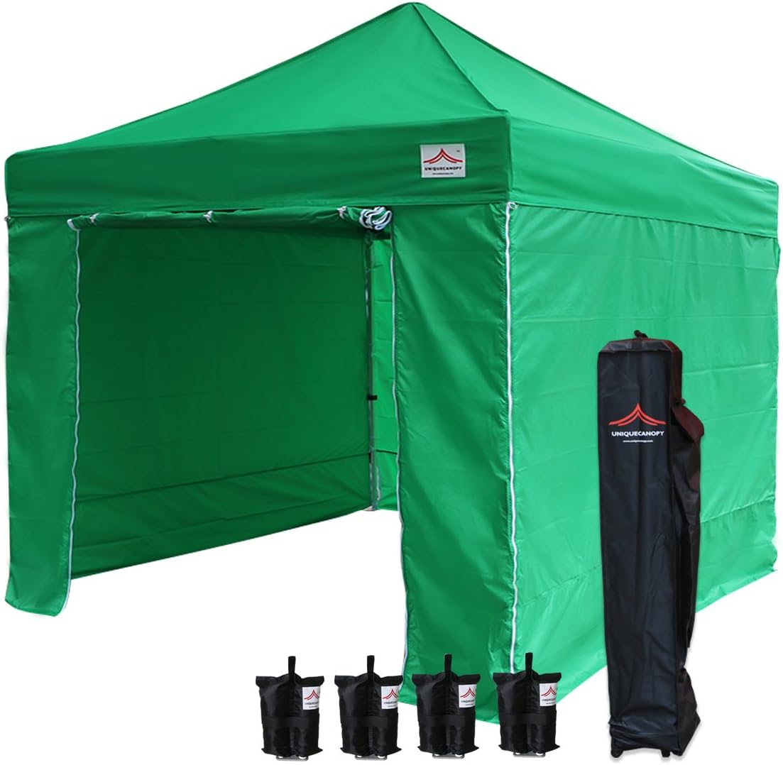 10'x10' Ez Pop Up Canopy Tent Commercial Instant Shelter, with 4 Removable Zippered Side Walls and Heavy Duty Roller Bag, 4 Sand Bags Green