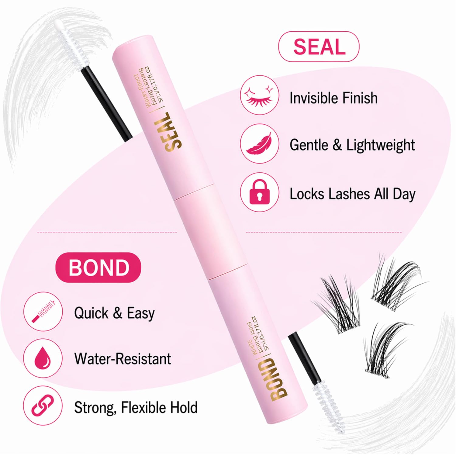 Sensitive Lash Cluster Glue Bond and Seal, Black Waterproof Eyelash Adhesive for Cluster Lashes, Dual-Ended Bond & Seal Lash Glue, Long-Lasting 72H Strong Hold, Latex-Free & Gentle Formula（10ML）