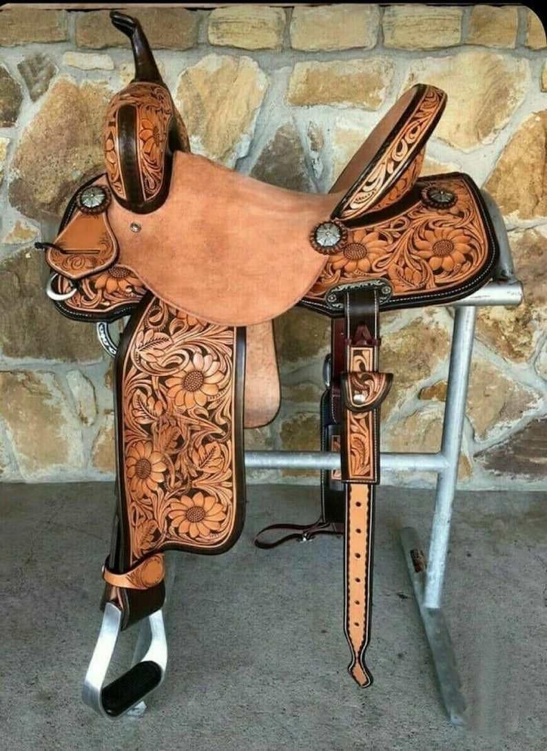 Barrel Racing Western Horse Saddle Wooden Tree Handmade Premium Leather Comfort Horse Trail Equestrian Tooled Carved Horse Riding Saddle Size: 10"-18 inches Seat Available, AF11