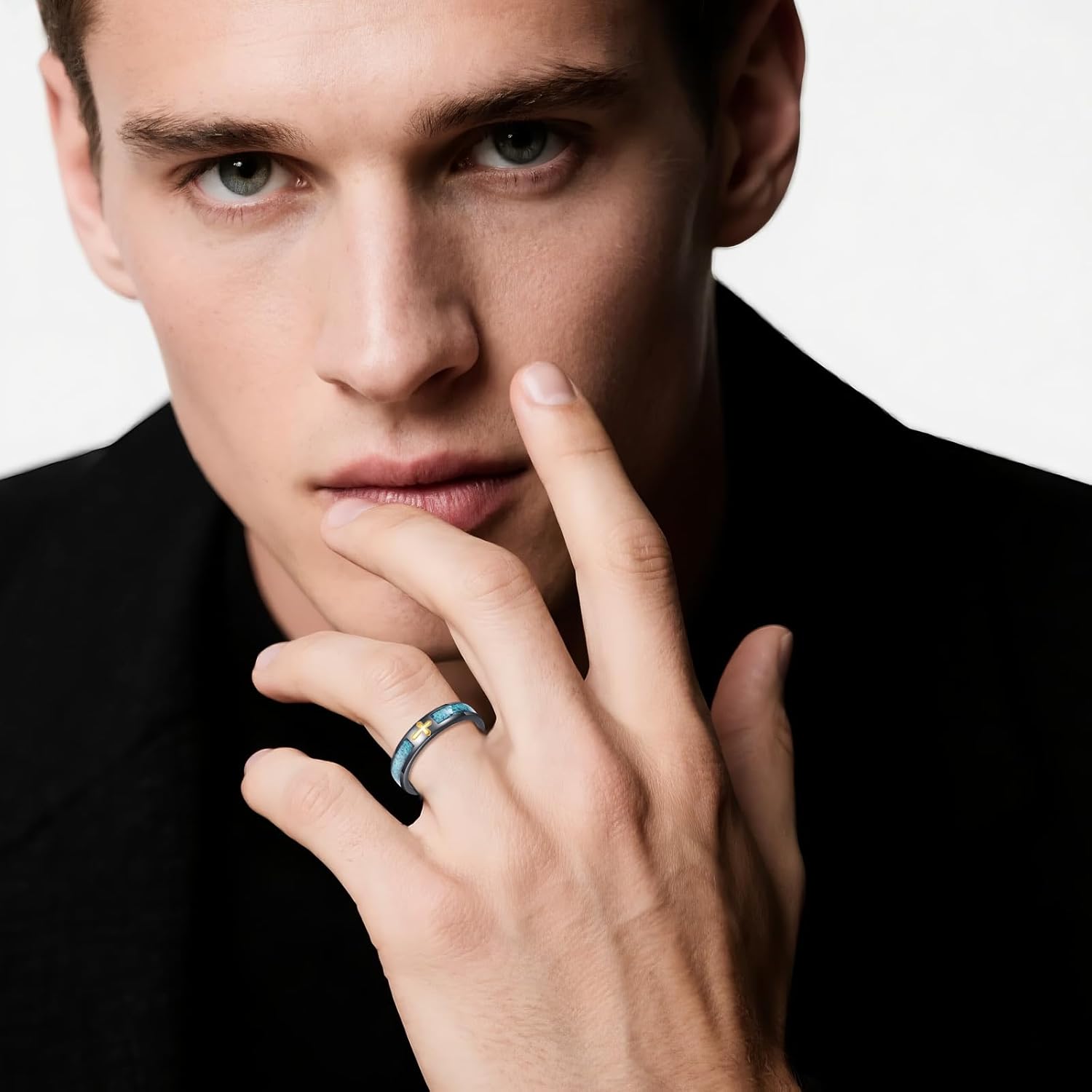 Turquoise Cross Ring S925 Sterling Silver Black Turquoise Rings for Men Religious Cross Jewelry Gifts for Women Men