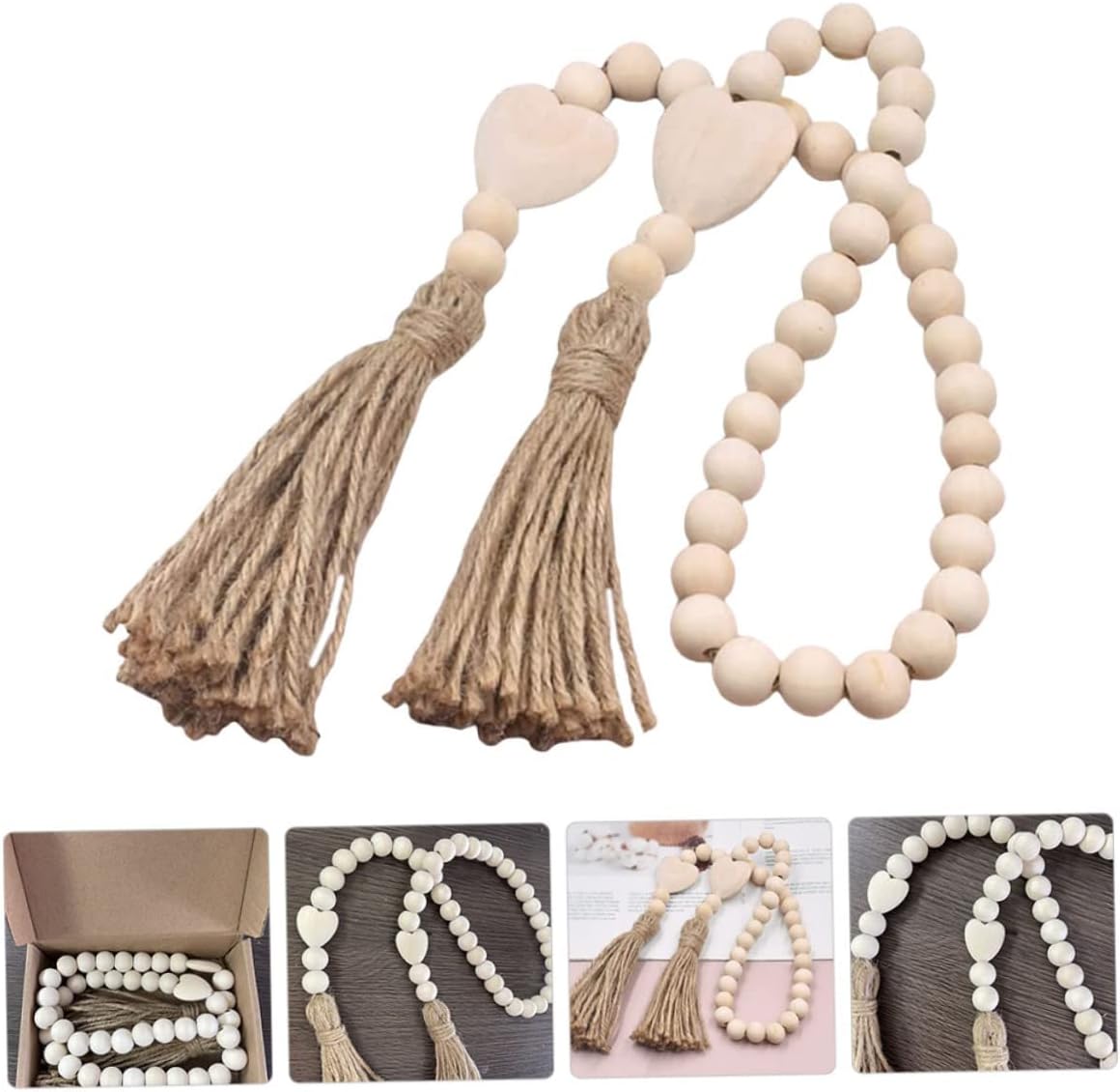 Abaodam Wood Bead Garland with Tassels Heart Bead Garland Hanging Decor 35.43In Rustic Farmhouse Home Decor for Wall Shelf Tray Table Wedding Valentine Baby Shower